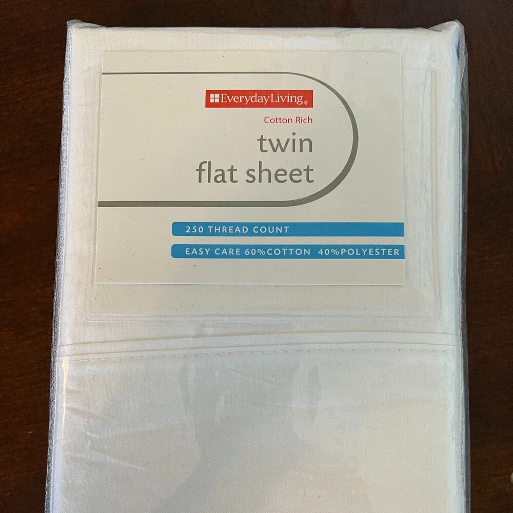 Everyday Living White Twin Flat Sheet 250 thread count ~ 66" x 96" Finished NIP